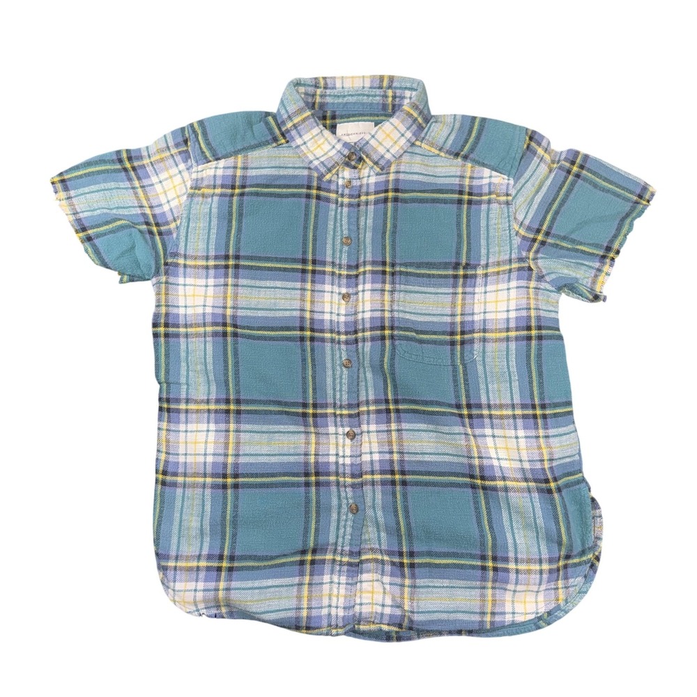 American Eagle Shirt Womens Small Blue Plaid Boyfriend Fit Short Sleeve Casual